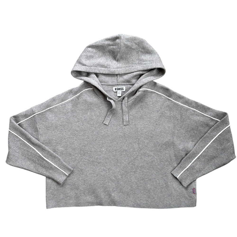 K-Swiss Hoodie Women Large Gray‎ Excellent Cropped Knit Piping Pullover WU58083